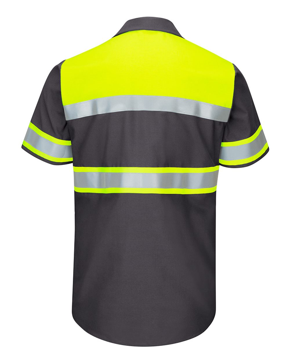 Front View of Fluorescent Yellow/ Charcoal Hi-Visibility Colorblock Ripstop Short Sleeve Work Shirt - SY80