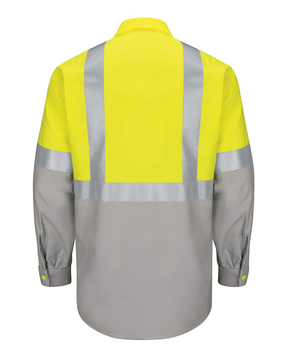 Front View of Fluorescent Yellow/ Green/ Grey Enhanced & Hi-Visibility Long Sleeve Work Shirt - SY14