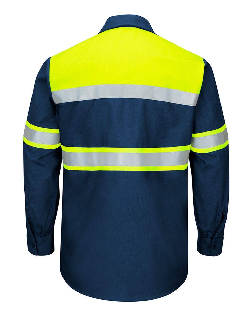 Front View of Fluorescent Yellow/ Navy Hi-Visibility Colorblock Ripstop Long Sleeve Work Shirt - SY70