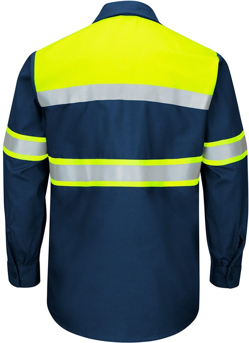 Front View of Fluorescent Yellow/ Navy Hi-Visibility Colorblock Ripstop Long Sleeve Work Shirt - Tall Sizes - SY70T