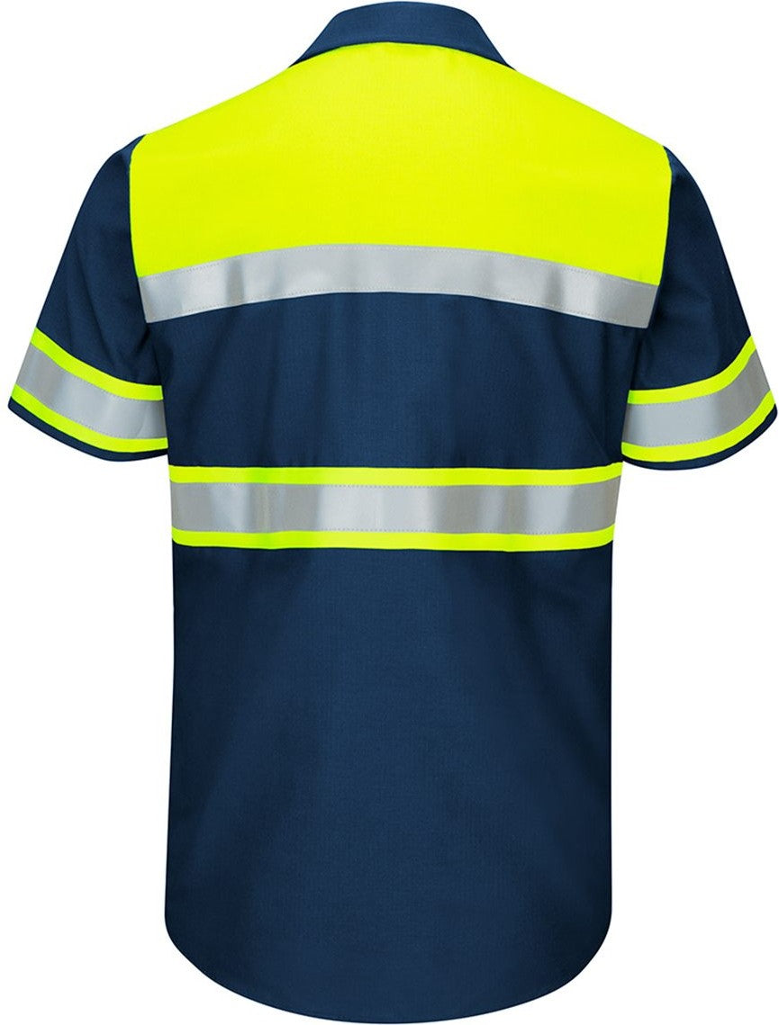 Front View of Fluorescent Yellow/ Navy Hi-Visibility Colorblock Ripstop Short Sleeve Work Shirt - SY80