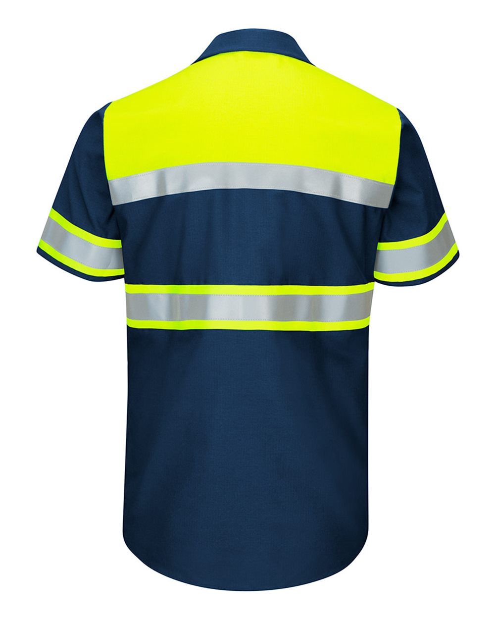 Front View of Fluorescent Yellow/ Navy Hi-Visibility Colorblock Ripstop Short Sleeve Work Shirt - Tall Sizes - SY80T