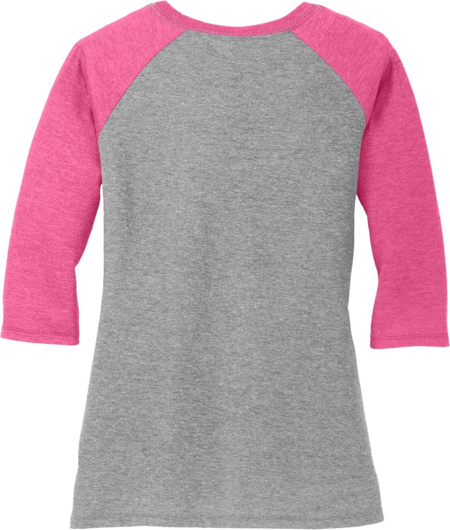 Front View of Fuchsia Fr/GyF District Women's Perfect Tri 3/4-Sleeve Raglan. DM136L