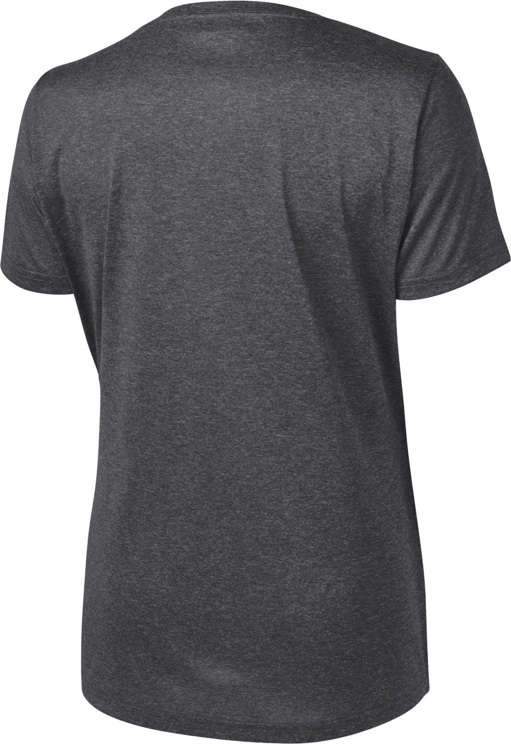 Rear View of Graphite Hthr Sport-Tek Women's Heather Contender Scoop Neck Tee. LST360