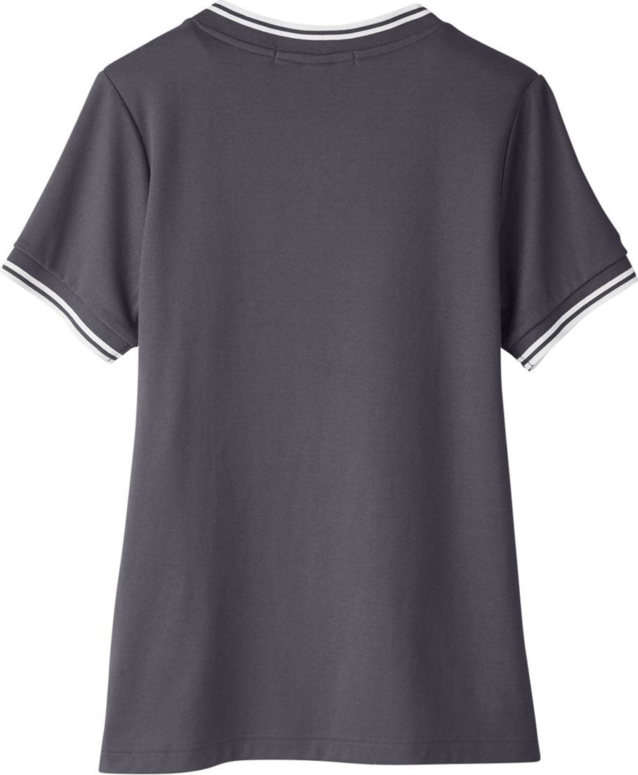 Front View of Graphite/ White Women's CrownLux Performance® Plaited Tipped V-Neck Shirt - DG20CW