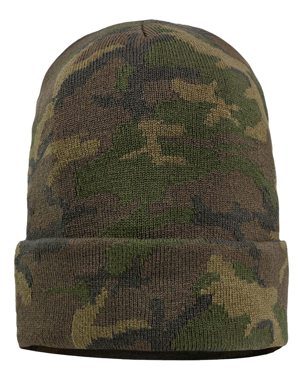 Front View of Green Camo 12" Solid Cuffed Beanie - SP12
