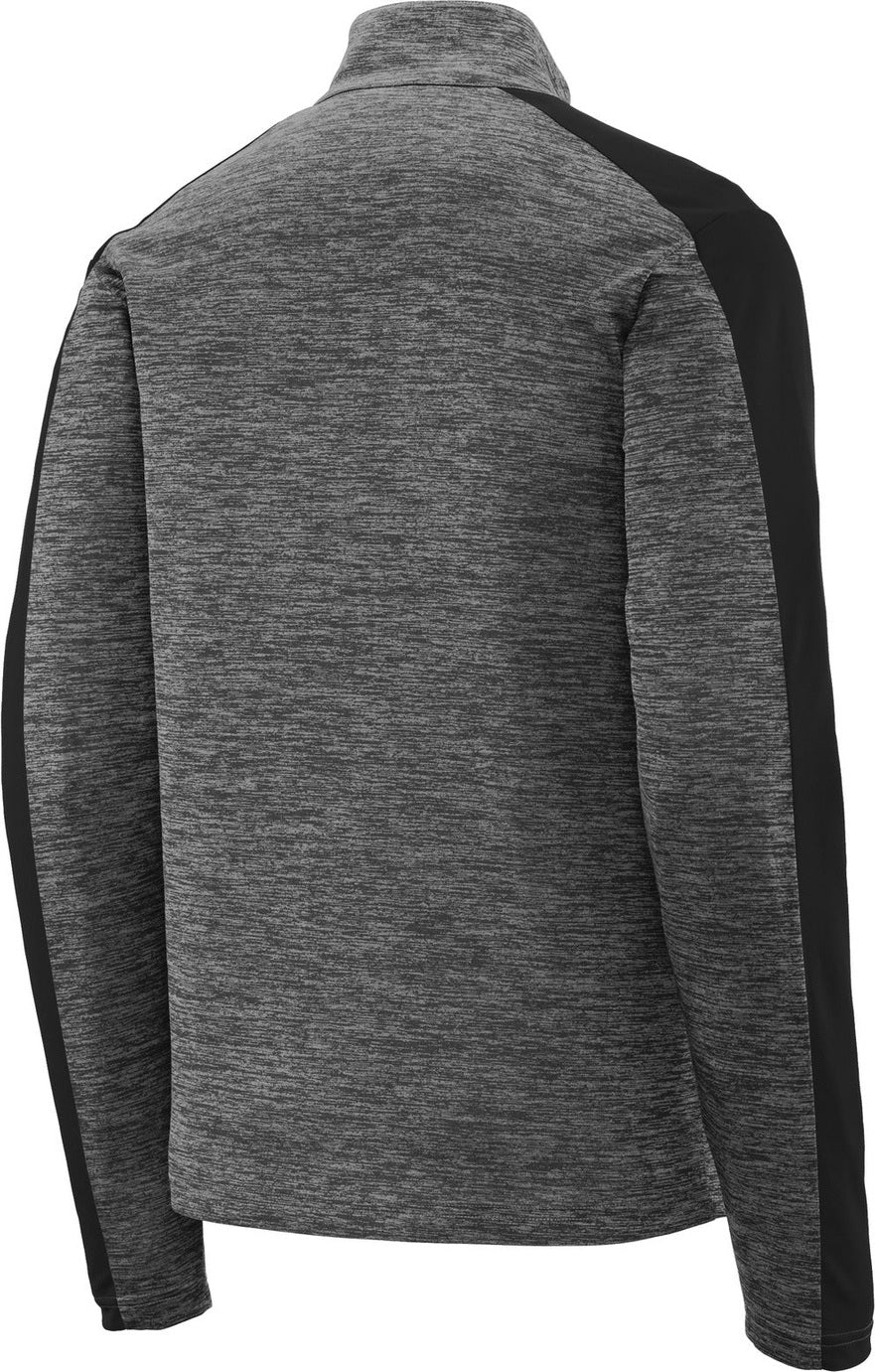 Front View of Grey-Blk E/Blk Sport-Tek PosiCharge Electric Heather Colorblock 1/4-Zip Pullover. ST397