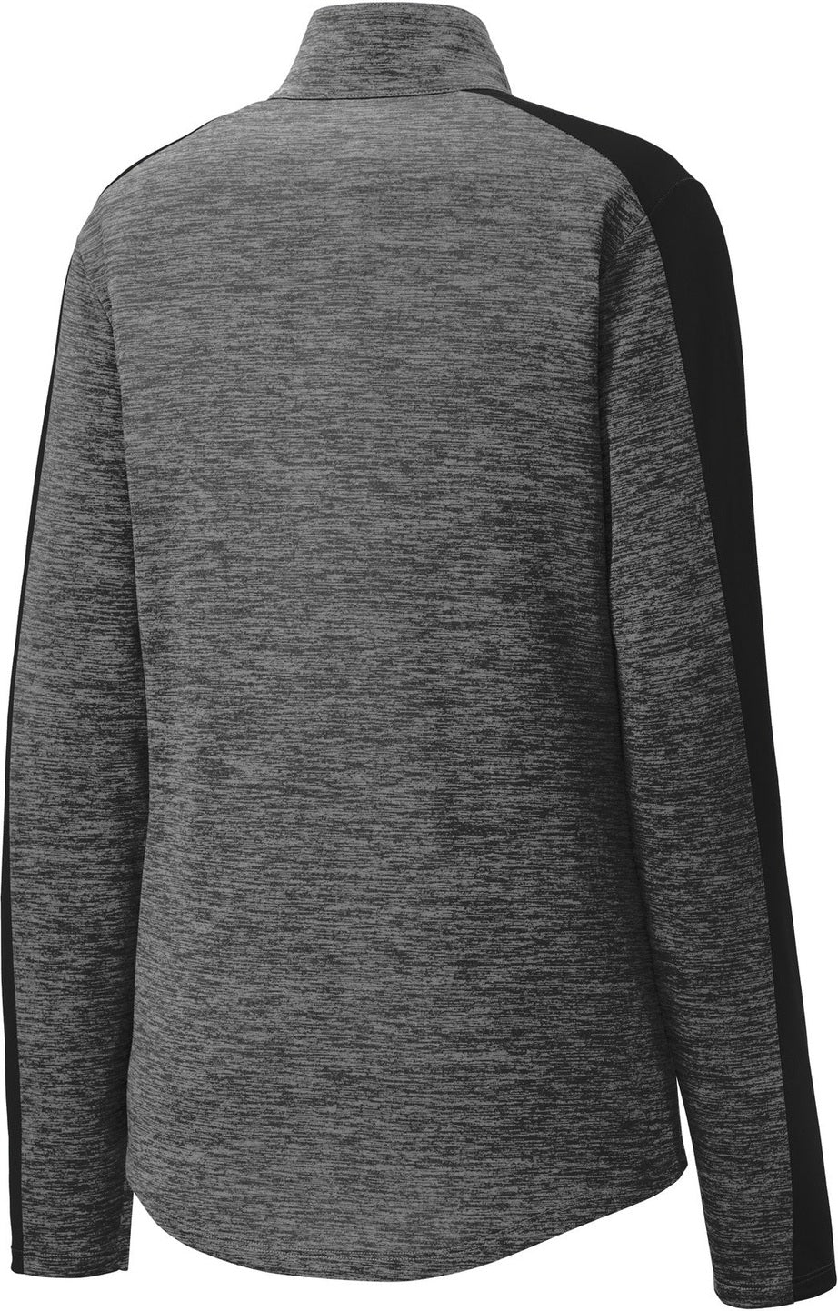 Front View of Grey-Blk E/Blk Sport-Tek Women's PosiCharge Electric Heather Colorblock 1/4-Zip Pullover. LST397