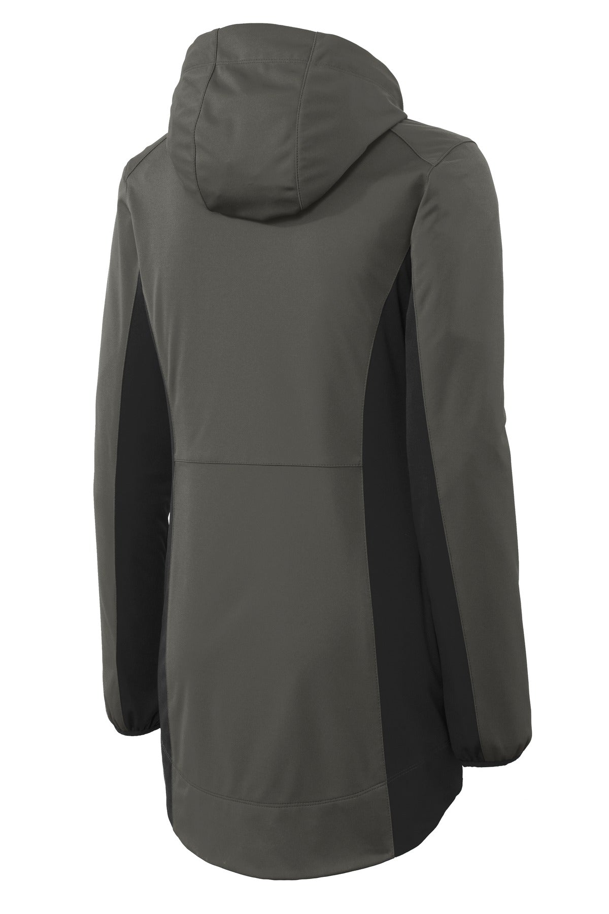 Front View of Grey Stl/Dp Bk Port Authority Women's Active Hooded Soft Shell Jacket. L719