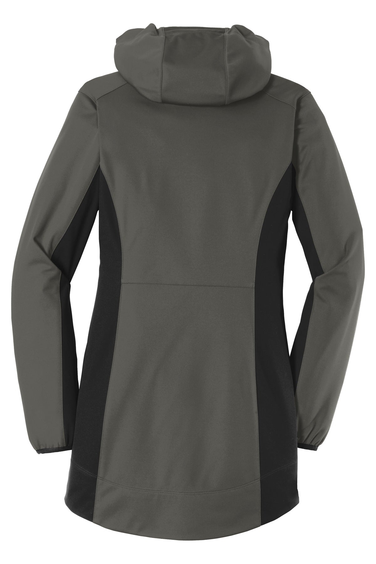 Rear View of Grey Stl/Dp Bk Port Authority Women's Active Hooded Soft Shell Jacket. L719