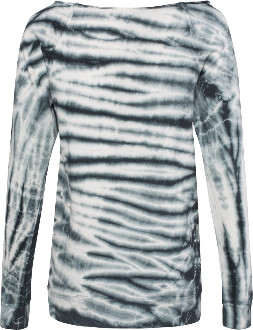 Front View of Greyscale Women's French Terry Off-the-Shoulder Tie-Dyed Sweatshirt - W20173