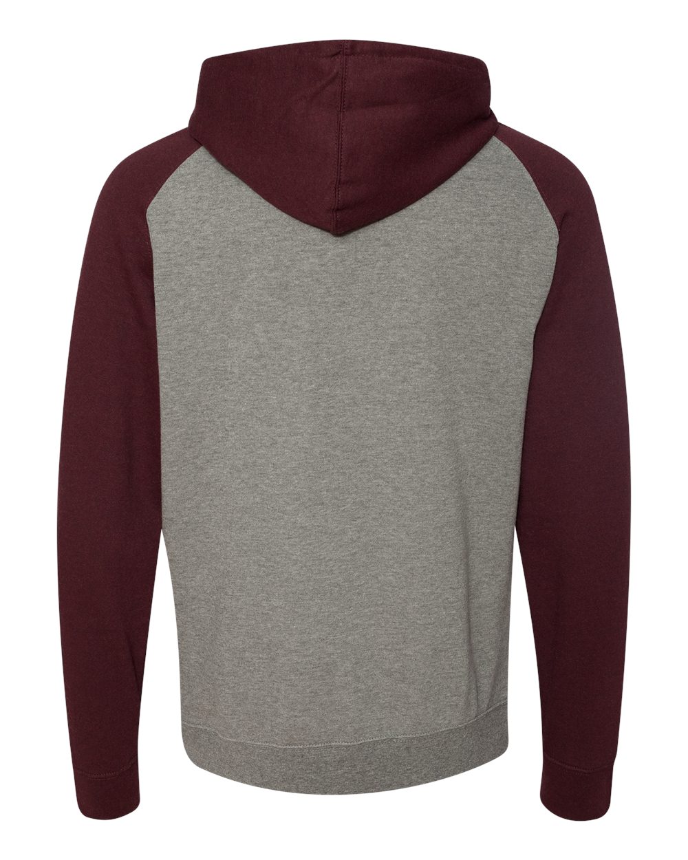 Front View of Gunmetal Heather/ Burgundy Heather Raglan Hooded Sweatshirt - IND40RP