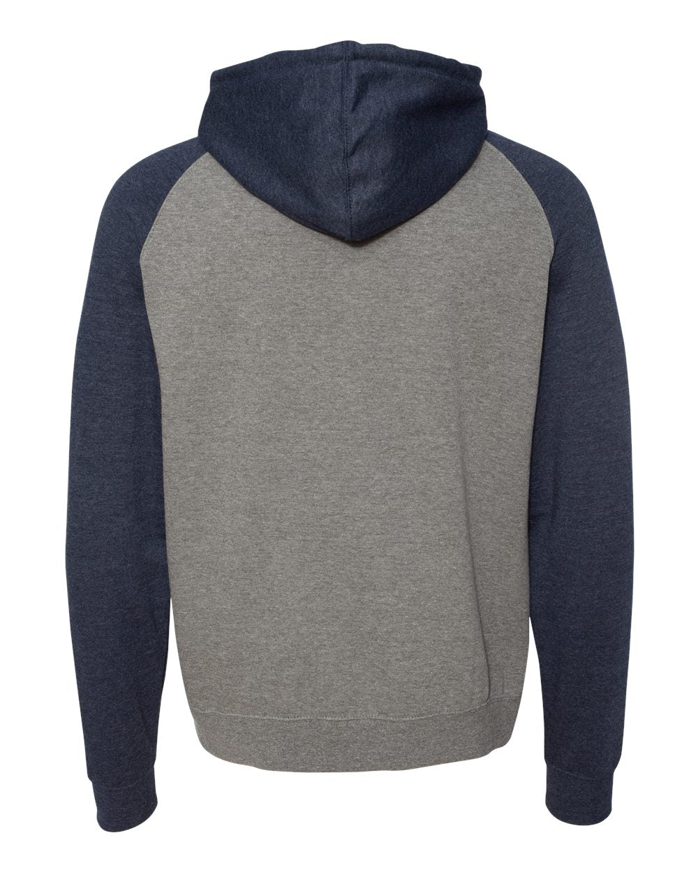Front View of Gunmetal Heather/ Classic Navy Heather Raglan Hooded Sweatshirt - IND40RP