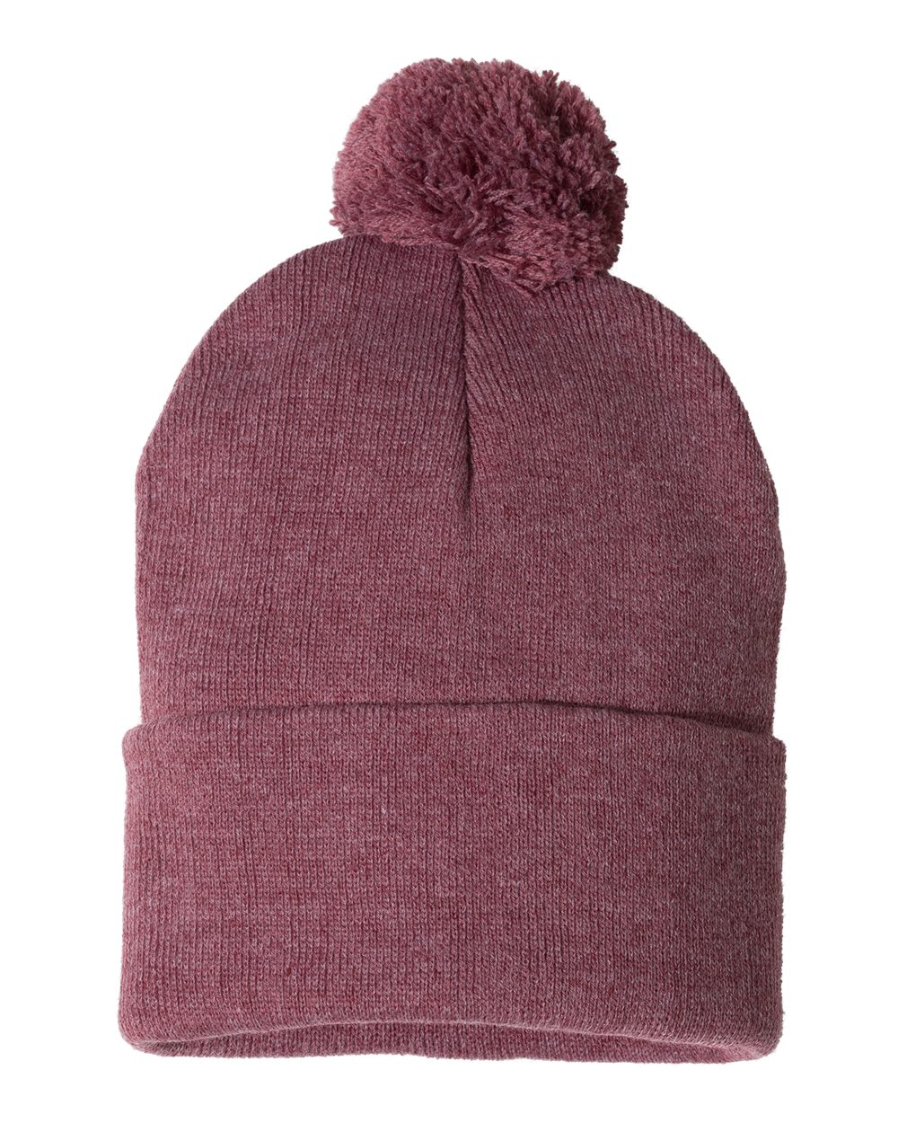 Front View of Heather Cardinal 12" Pom-Pom Cuffed Beanie - SP15
