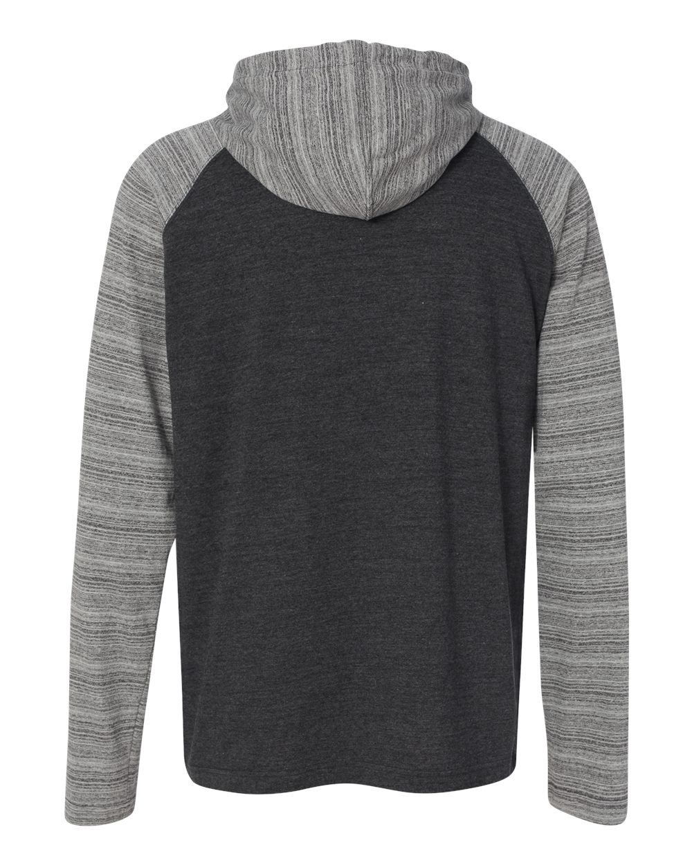 Rear View of Heather Charcoal/ Charcoal Stripe Yarn-Dyed Hooded Raglan T-Shirt - 8127