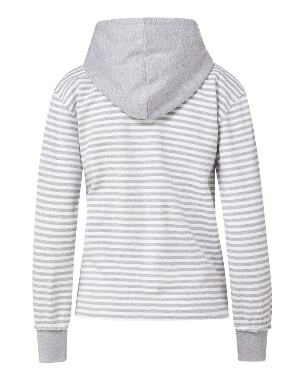 Front View of Heather Grey/ White Stripe Women's Alina Henley Hooded Sweatshirt - W24128
