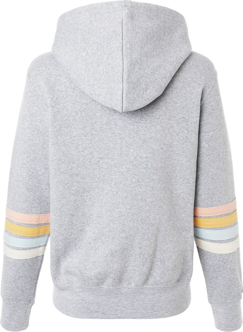 Front View of Heather Grey Women's Striped Sleeves Full-Zip Hooded Sweatshirt - W22732