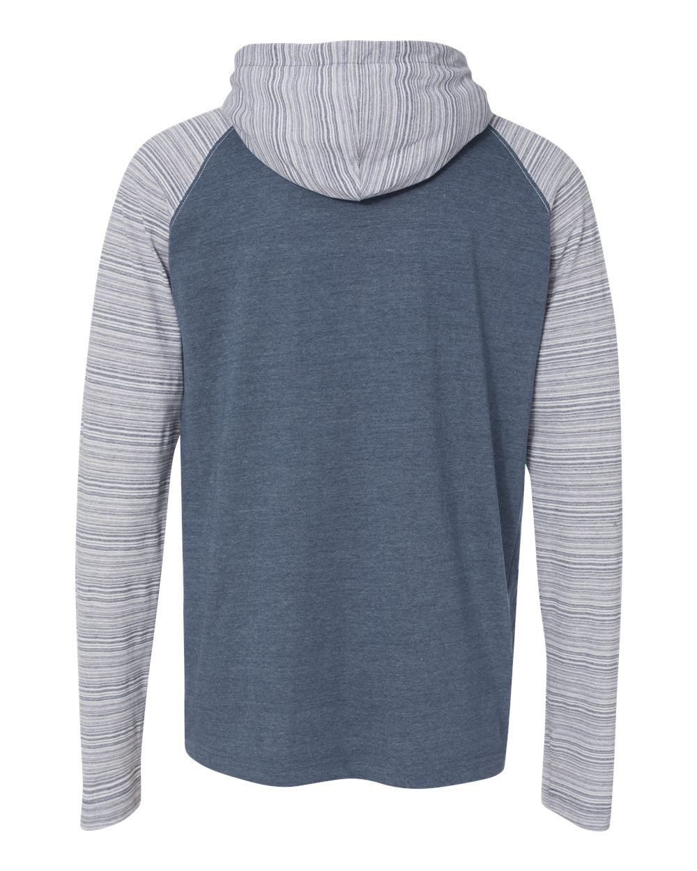 Rear View of Heather Navy/ Navy Stripe Yarn-Dyed Hooded Raglan T-Shirt - 8127