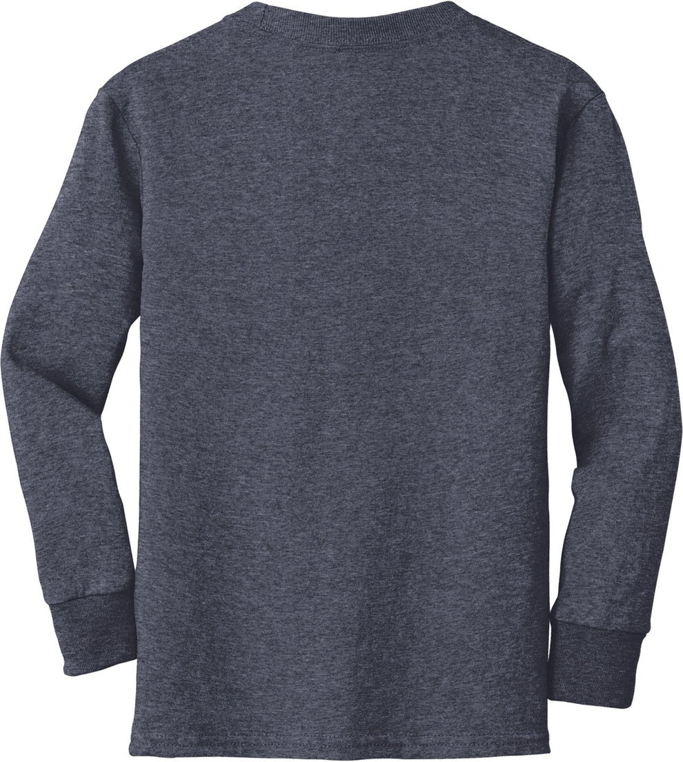 Front View of Heather Navy Port & Co Youth Long Sleeve Core Cotton Tee. PC54YLS