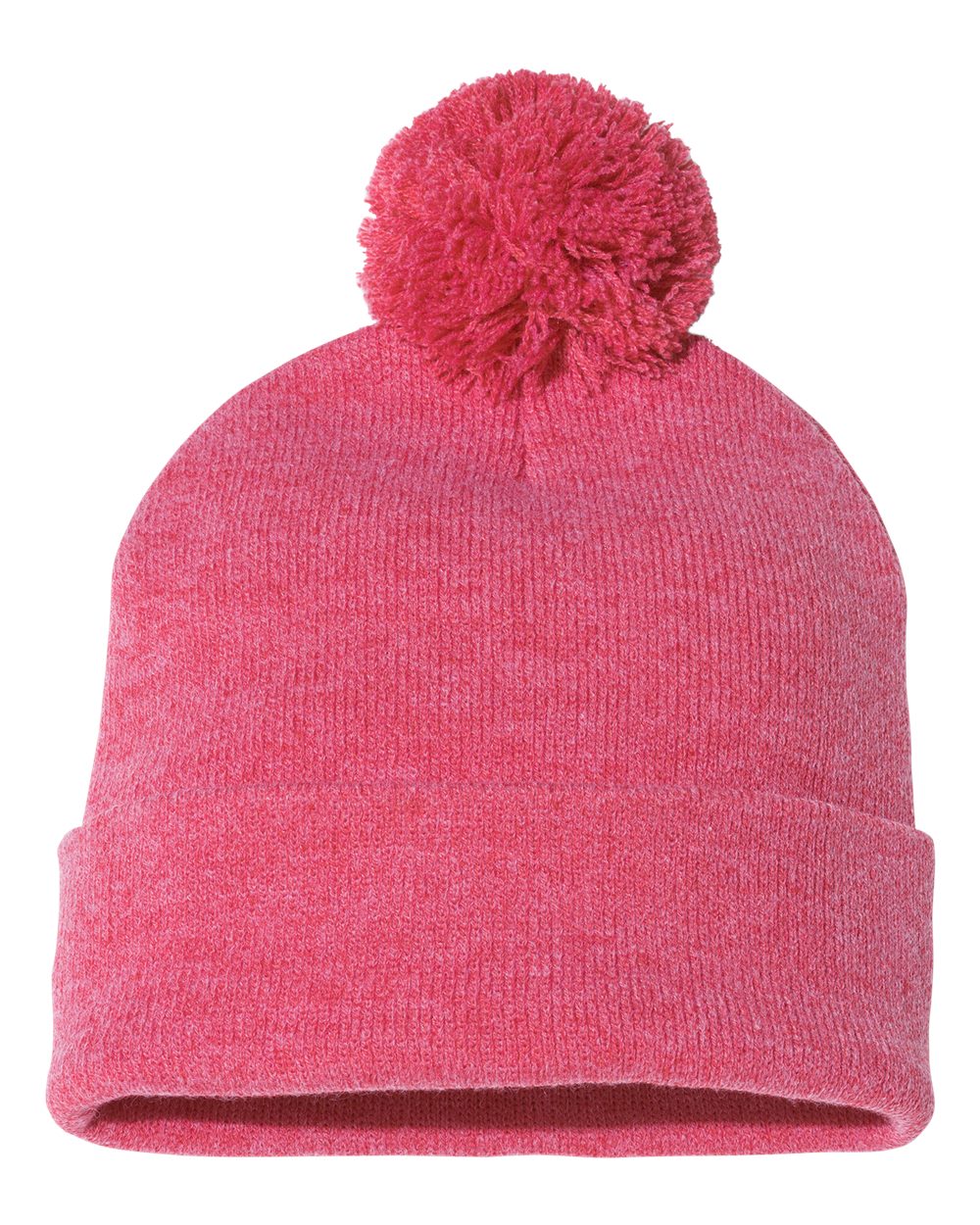 Front View of Heather Red 12" Pom-Pom Cuffed Beanie - SP15