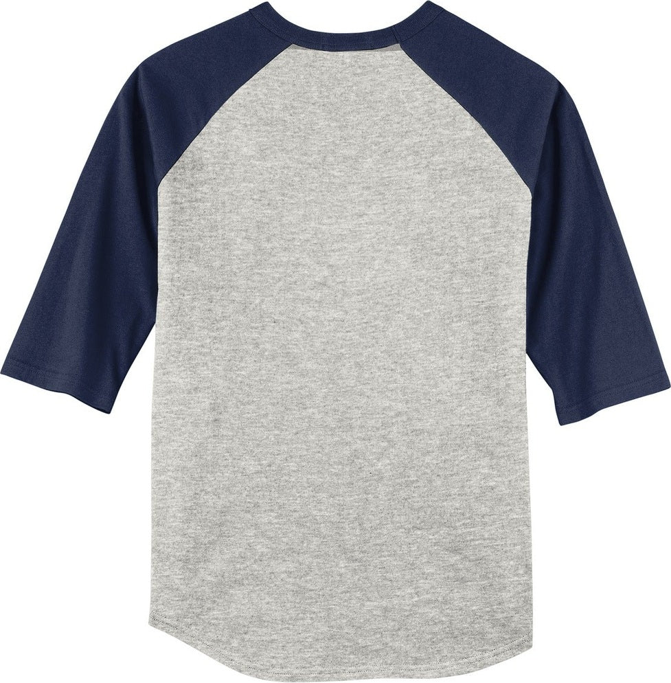 Front View of Heathr/Gry/Nvy Sport-Tek Youth Colorblock Raglan Jersey. YT200