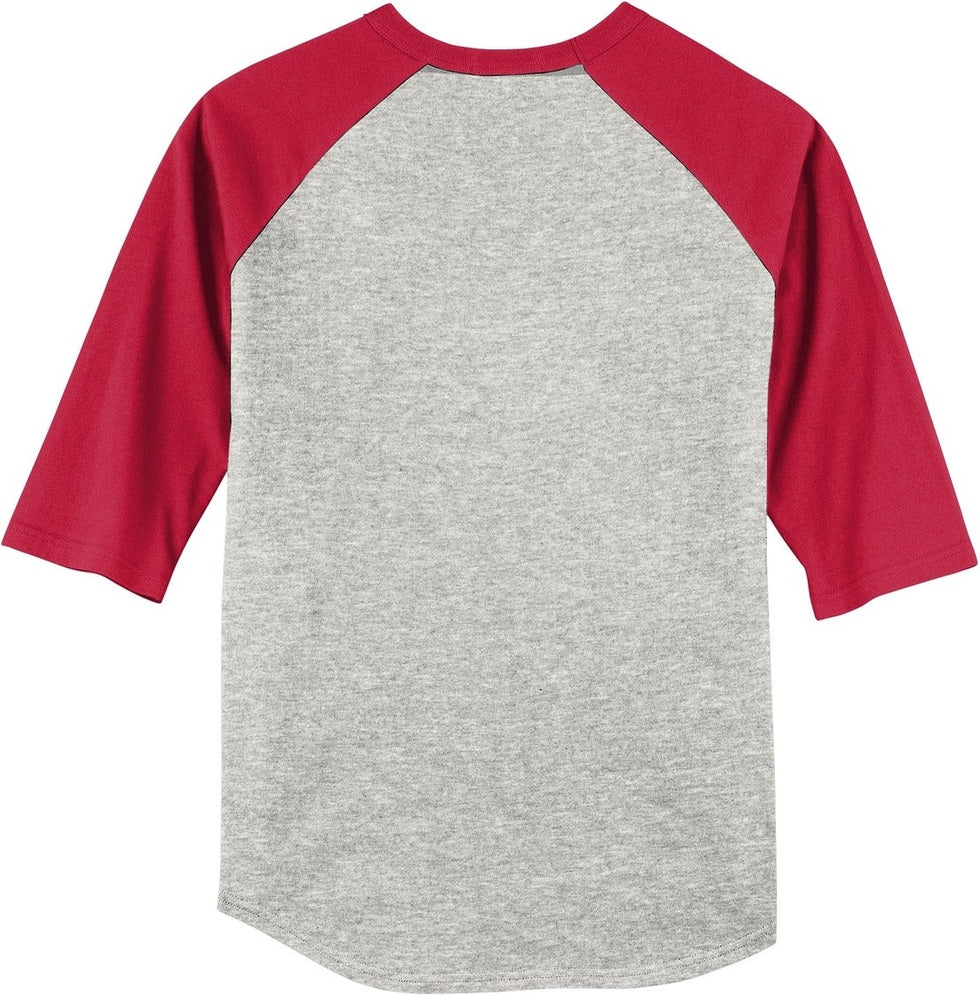 Rear View of Heathr/Gry/Red Sport-Tek Youth Colorblock Raglan Jersey. YT200