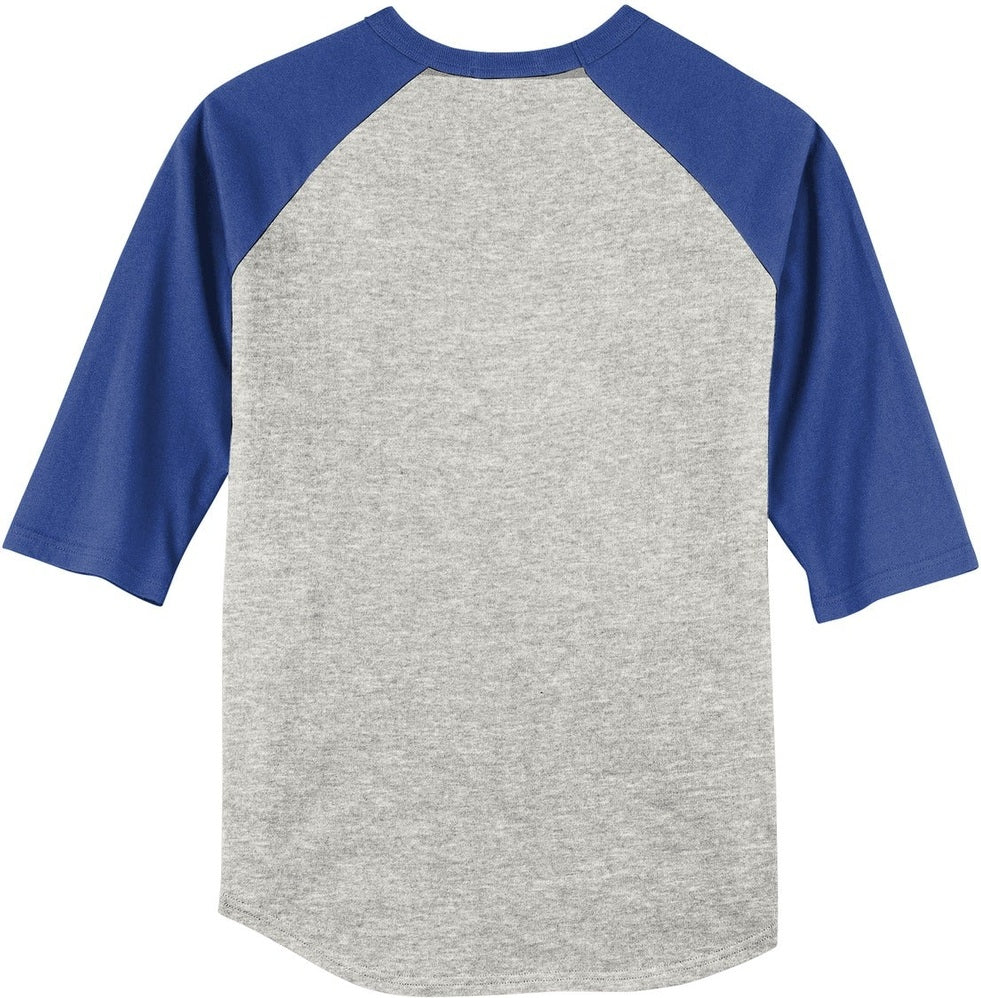Rear View of Heathr/Gry/Roy Sport-Tek Youth Colorblock Raglan Jersey. YT200