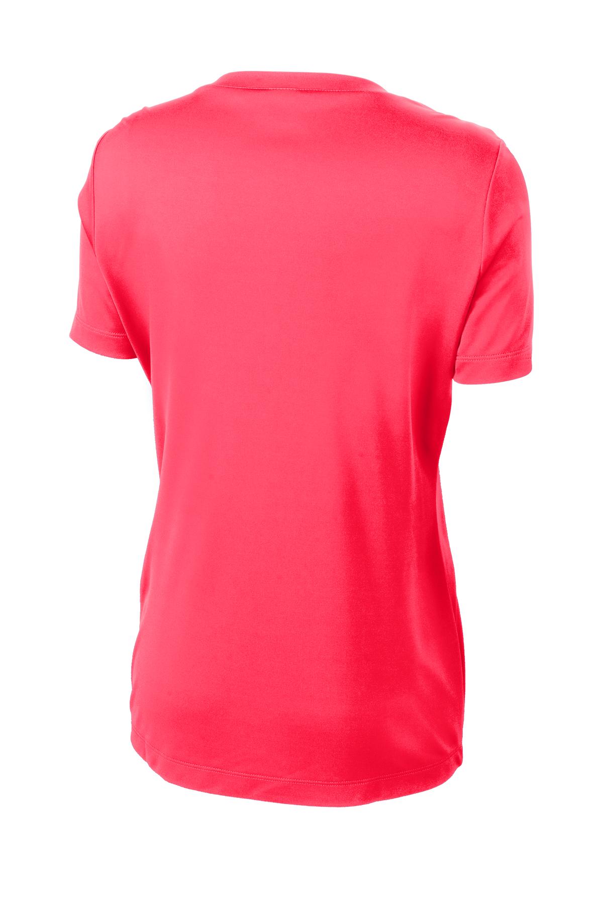 Front View of Hot Coral Sport-Tek Women's PosiCharge Competitor V-Neck Tee. LST353
