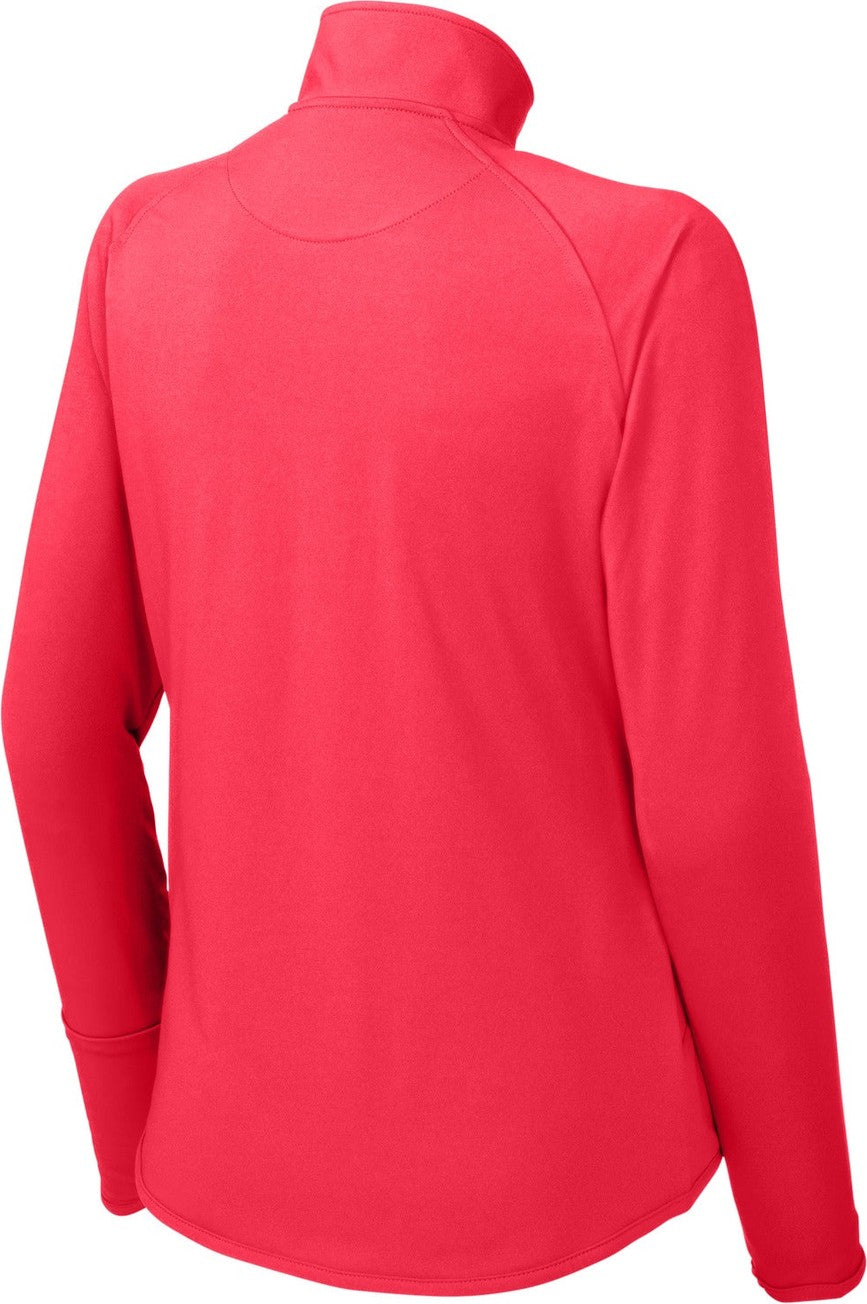 Front View of Hot Coral Sport-Tek Women's Sport-Wick Stretch 1/4-Zip Pullover. LST850