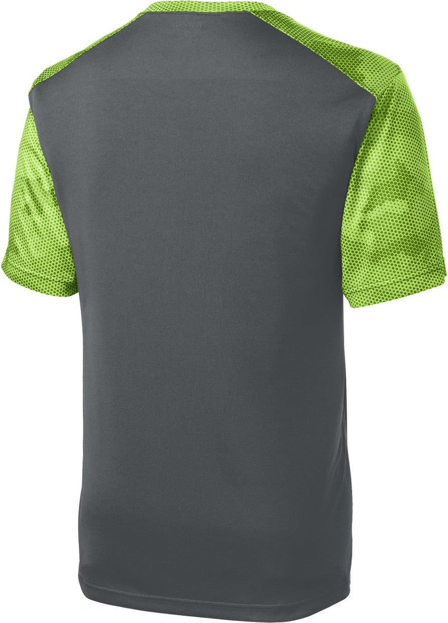 Rear View of Iron Gry/LimeS Sport-Tek CamoHex Colorblock Tee. ST371