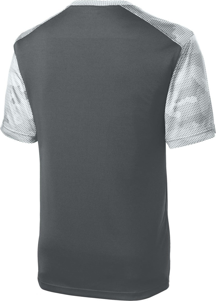 Front View of Iron Gry/White Sport-Tek CamoHex Colorblock Tee. ST371