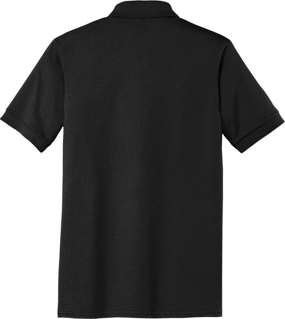 Rear View of Jet Black Port & Co Core Blend Jersey Knit Pocket Polo. KP55P