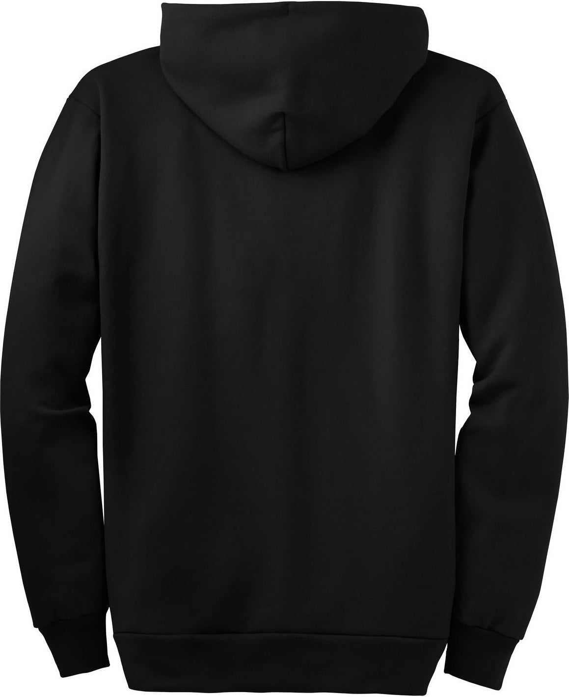 Front View of Jet Black Port & Co Essential Fleece Full-Zip Hooded Sweatshirt. PC90ZH