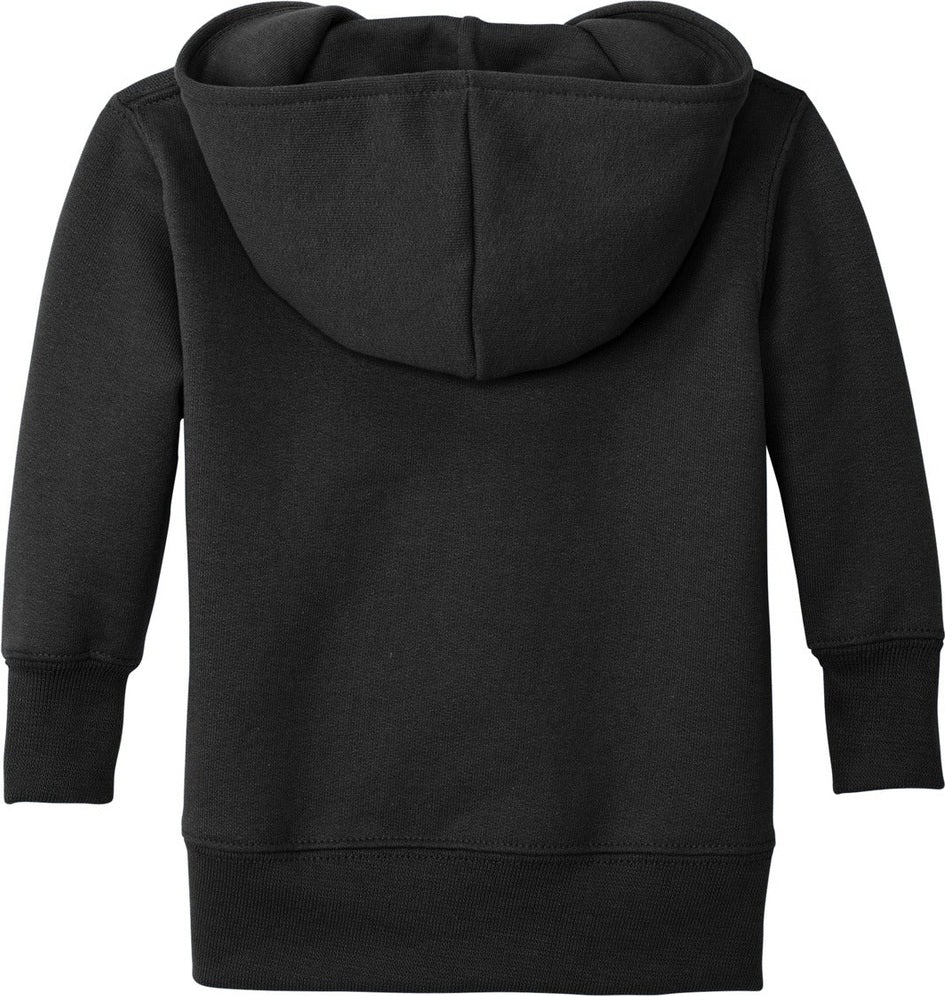 Front View of Jet Black Port & Co Infant Core Fleece Full-Zip Hooded Sweatshirt. CAR78IZH