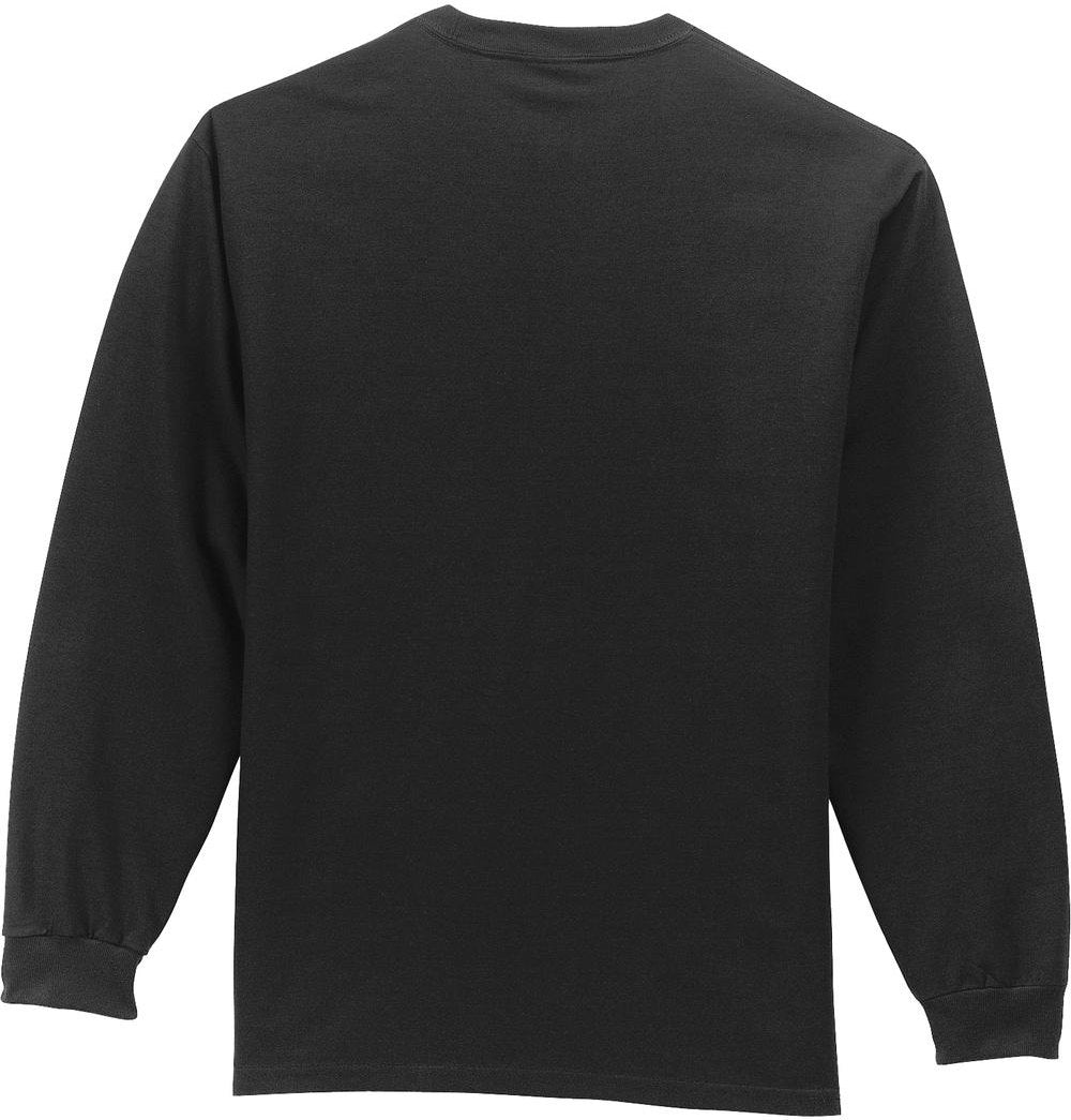 Front View of Jet Black Port & Co Long Sleeve Essential Pocket Tee. PC61LSP