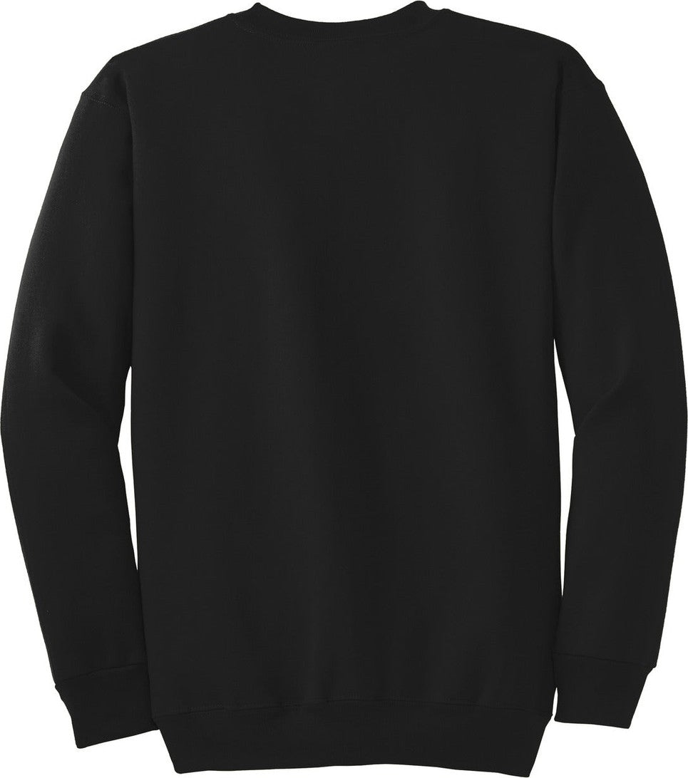 Front View of Jet Black Port & Co Tall Essential Fleece Crewneck Sweatshirt. PC90T