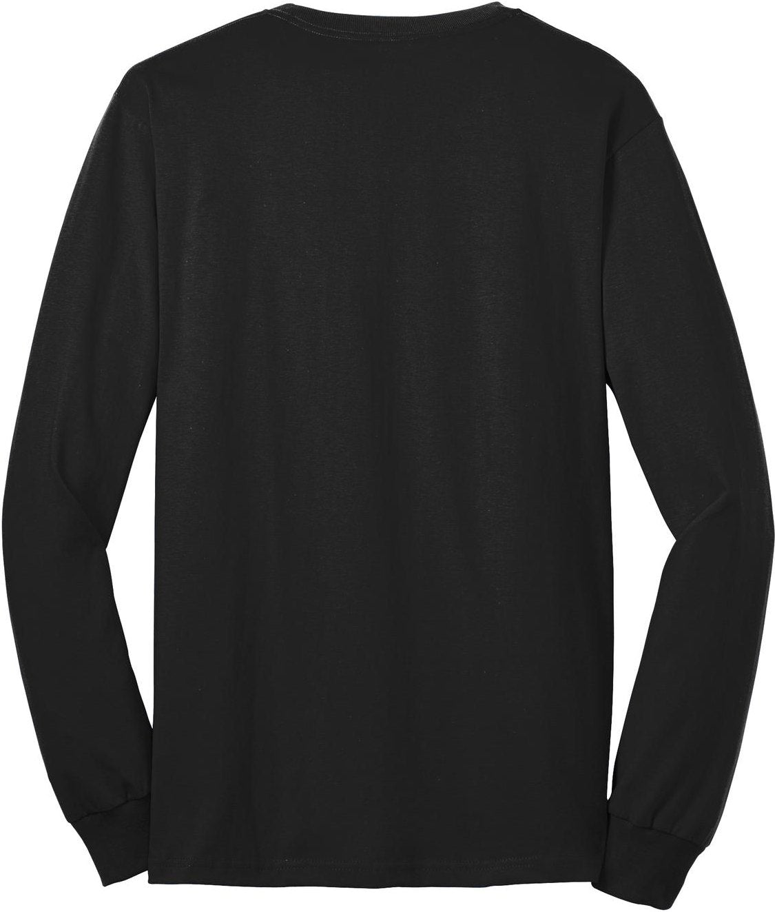 Rear View of Jet Black Port & Co Tall Long Sleeve Core Blend Tee. PC55LST