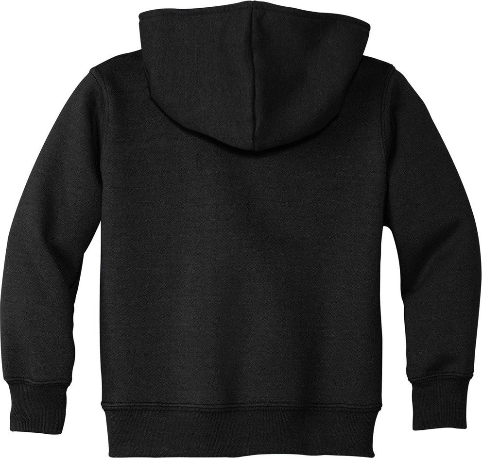 Rear View of Jet Black Port & Co Toddler Core Fleece Pullover Hooded Sweatshirt. CAR78TH