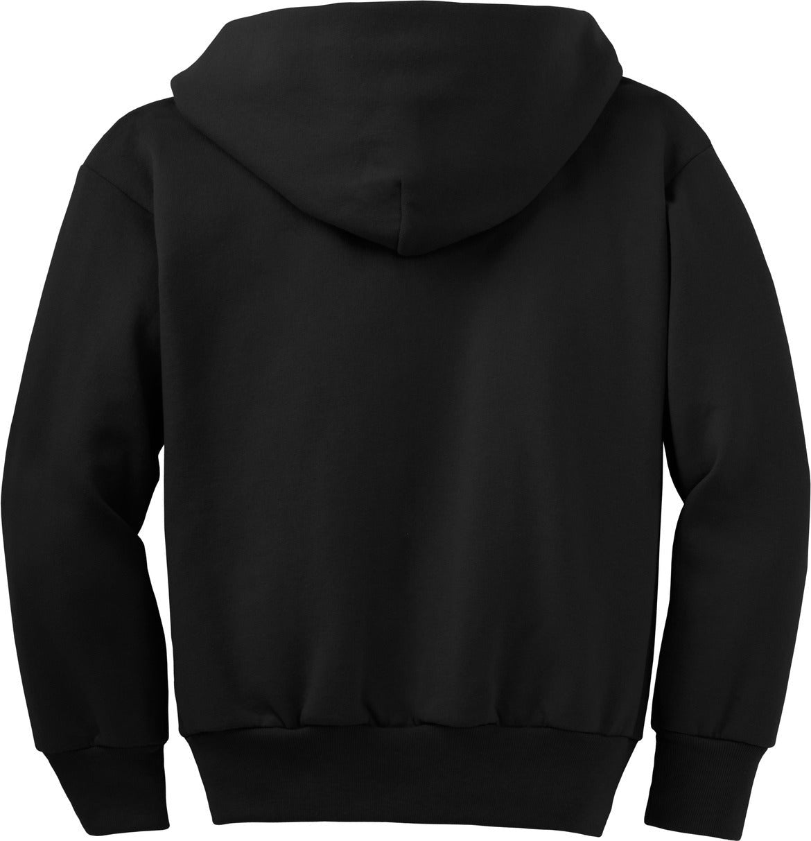 Front View of Jet Black Port & Co Youth Core Fleece Full-Zip Hooded Sweatshirt. PC90YZH