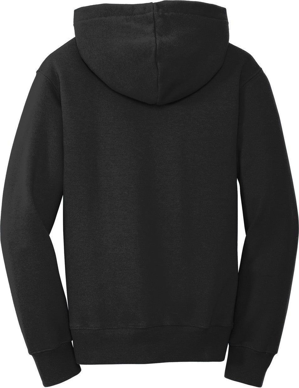 Front View of Jet Black Port & Co Youth Fan Favorite Fleece Pullover Hooded Sweatshirt. PC850YH