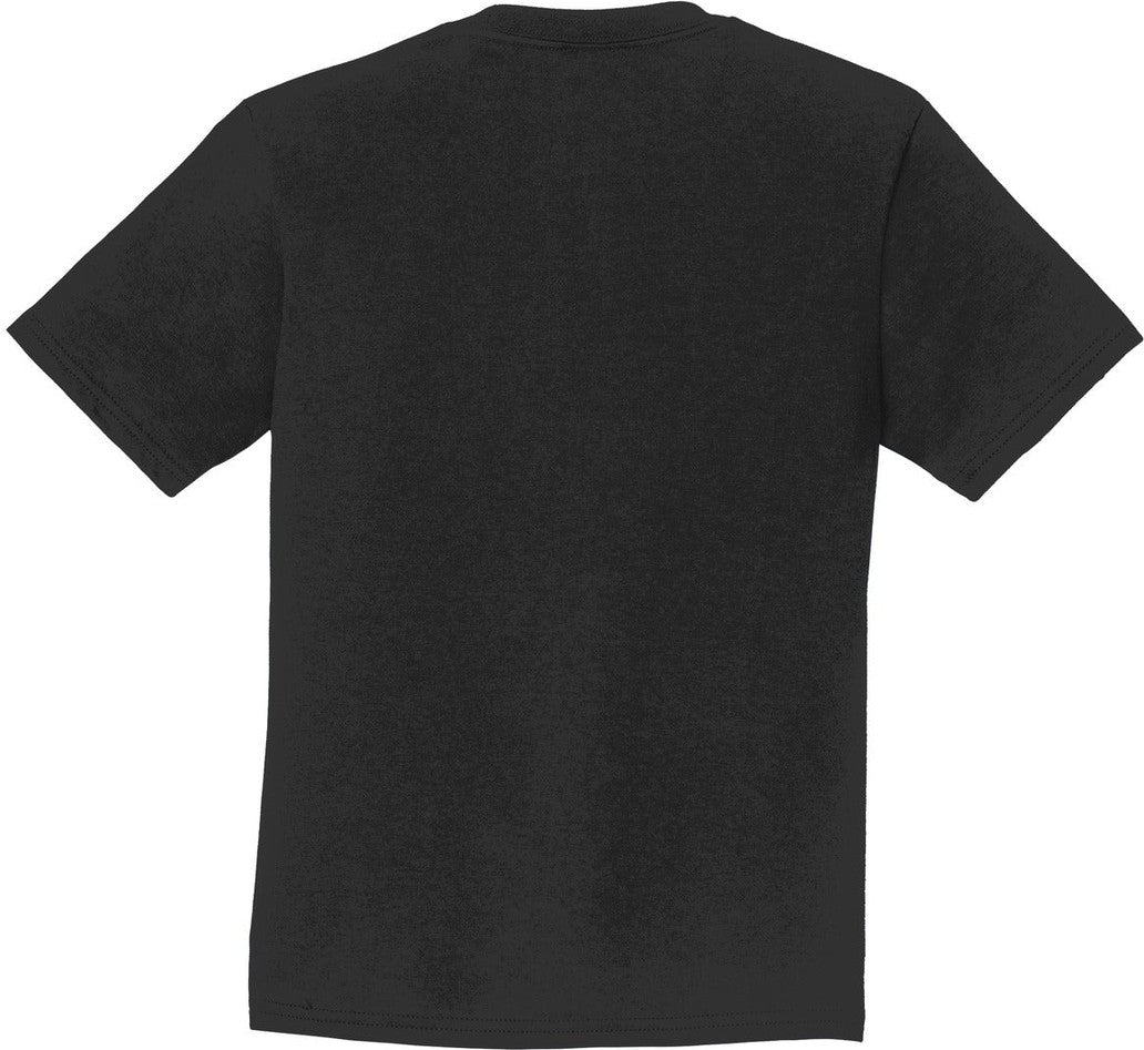 Front View of Jet Black Port & Co Youth Fan Favorite Tee. PC450Y