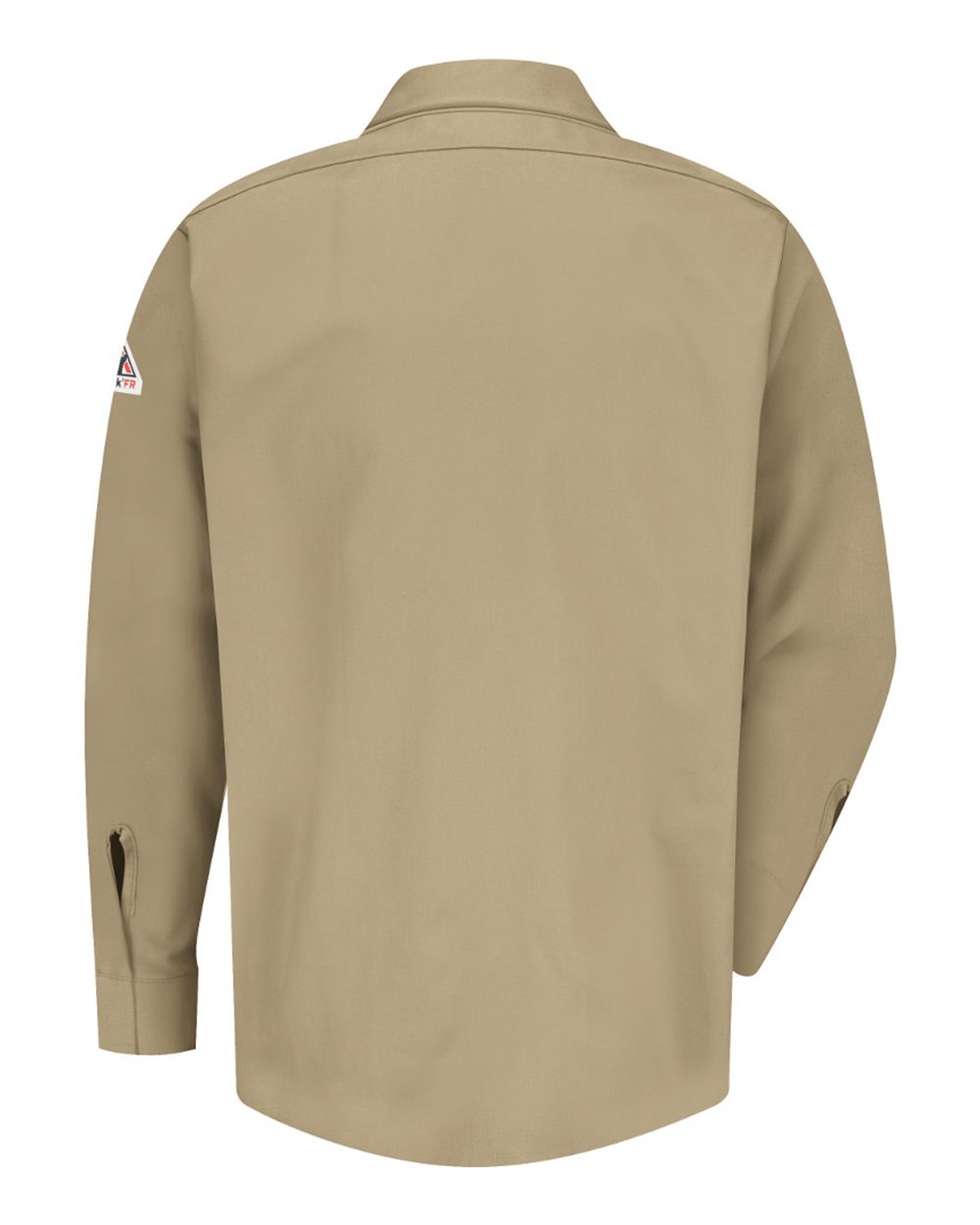 Rear View of Khaki Concealed-Gripper Pocketless Work Shirt - SLS2