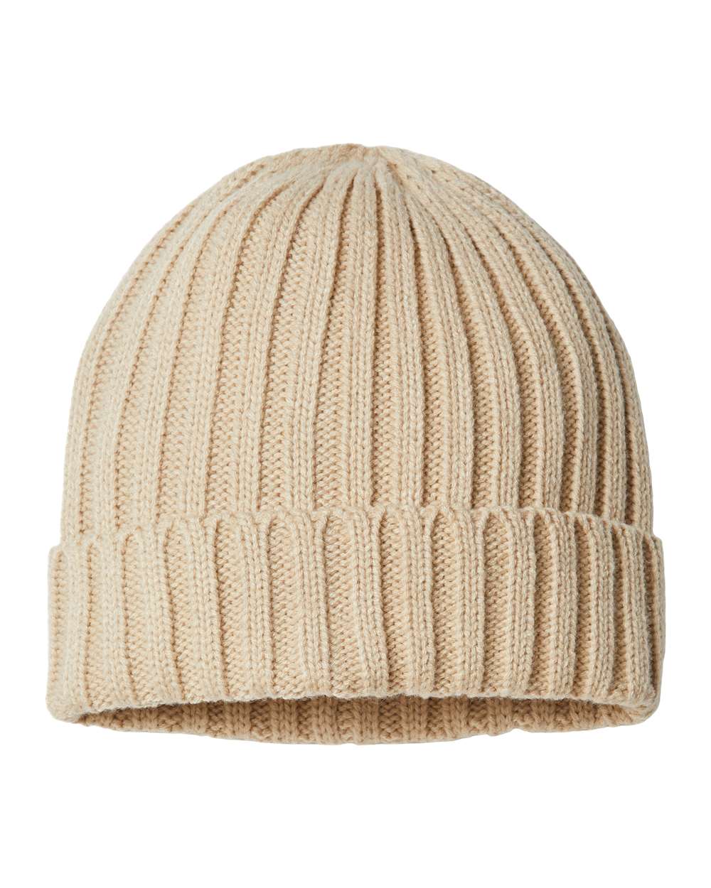 Front View of Light Beige Sustainable Cable Knit Cuffed Beanie - SHORE