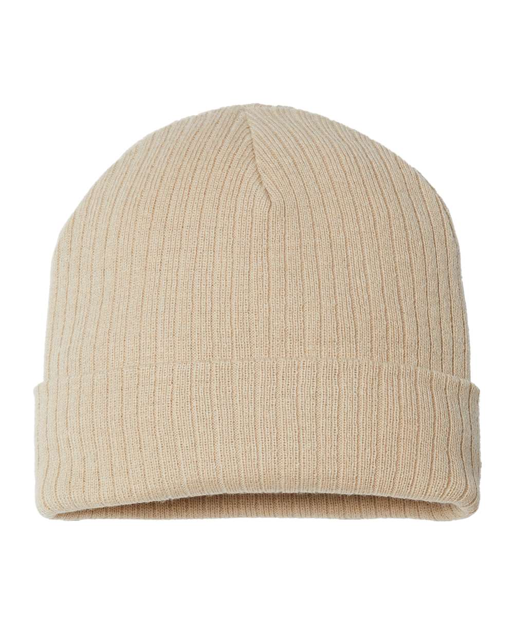 Rear View of Light Beige Sustainable Rib Cuffed Beanie - RIO