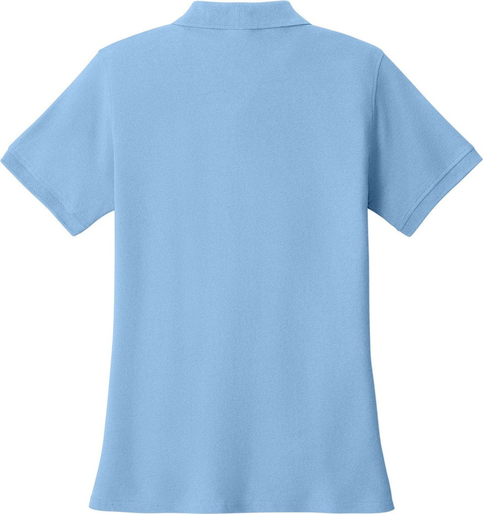 Front View of Light Blue Port & Co Women's Core Blend Pique Polo. LKP155