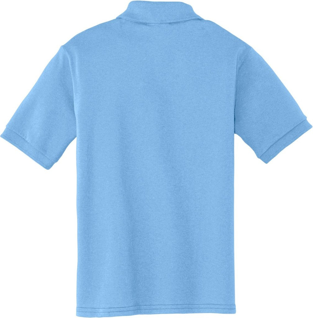 Rear View of Light Blue Port & Co Youth Core Blend Jersey Knit Polo. KP55Y