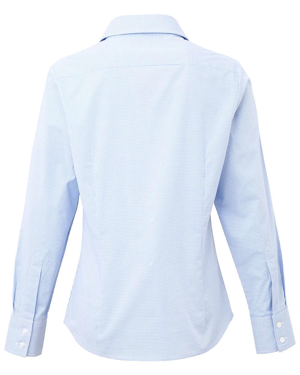 Rear View of Light Blue/ White Women's Microcheck Gingham Cotton Shirt - RP320