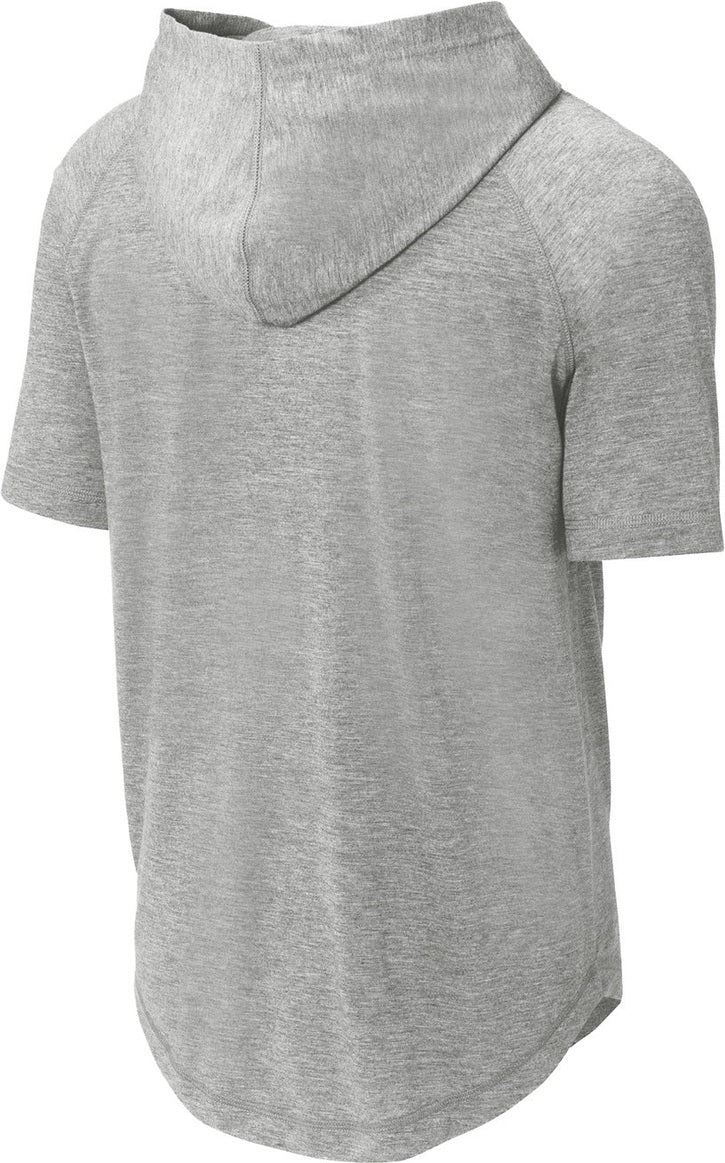 Front View of Light Grey Hth Sport-Tek PosiCharge Tri-Blend Wicking Short Sleeve Hoodie. ST404