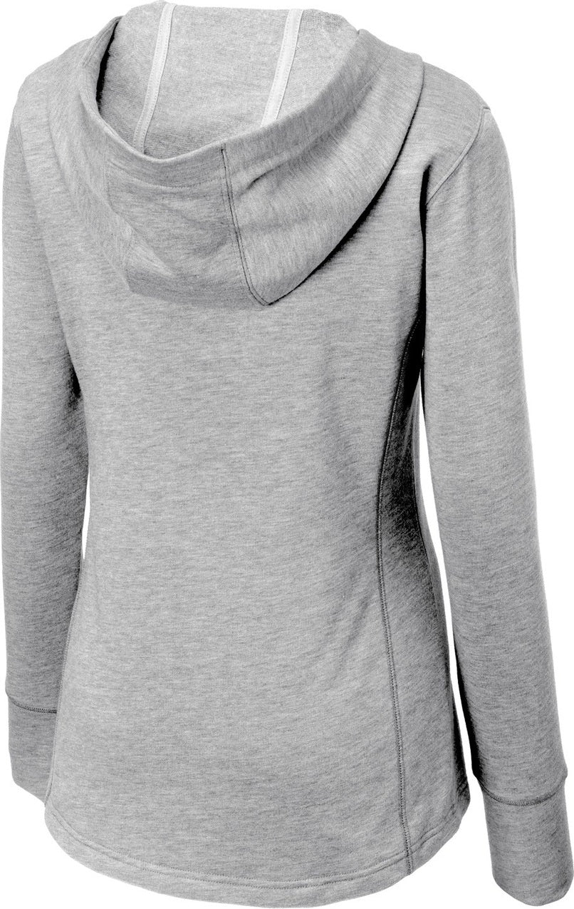 Front View of Light Grey Hth Sport-Tek Women's PosiCharge Tri-Blend Wicking Fleece Hooded Pullover. LST296