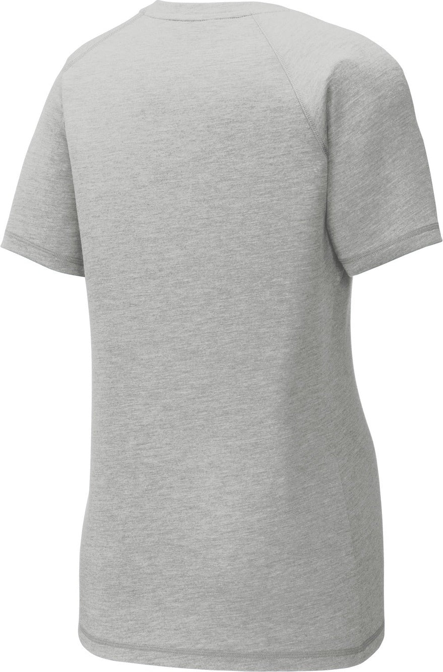Front View of Light Grey Hth Sport-Tek Women's PosiCharge Tri-Blend Wicking Scoop Neck Raglan Tee. LST400